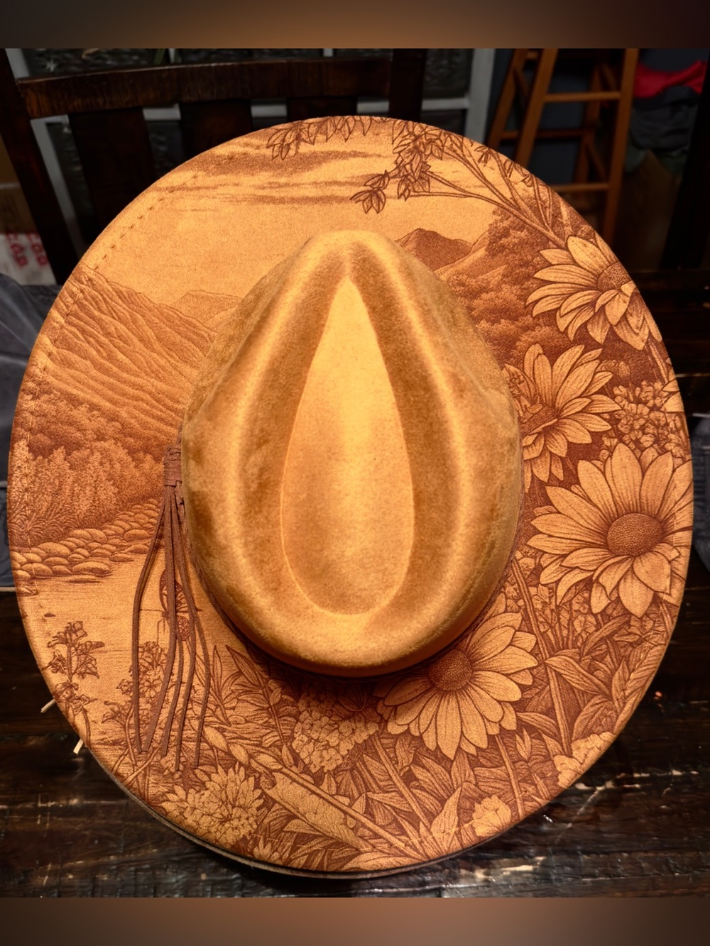 Custom burned wide brim hat